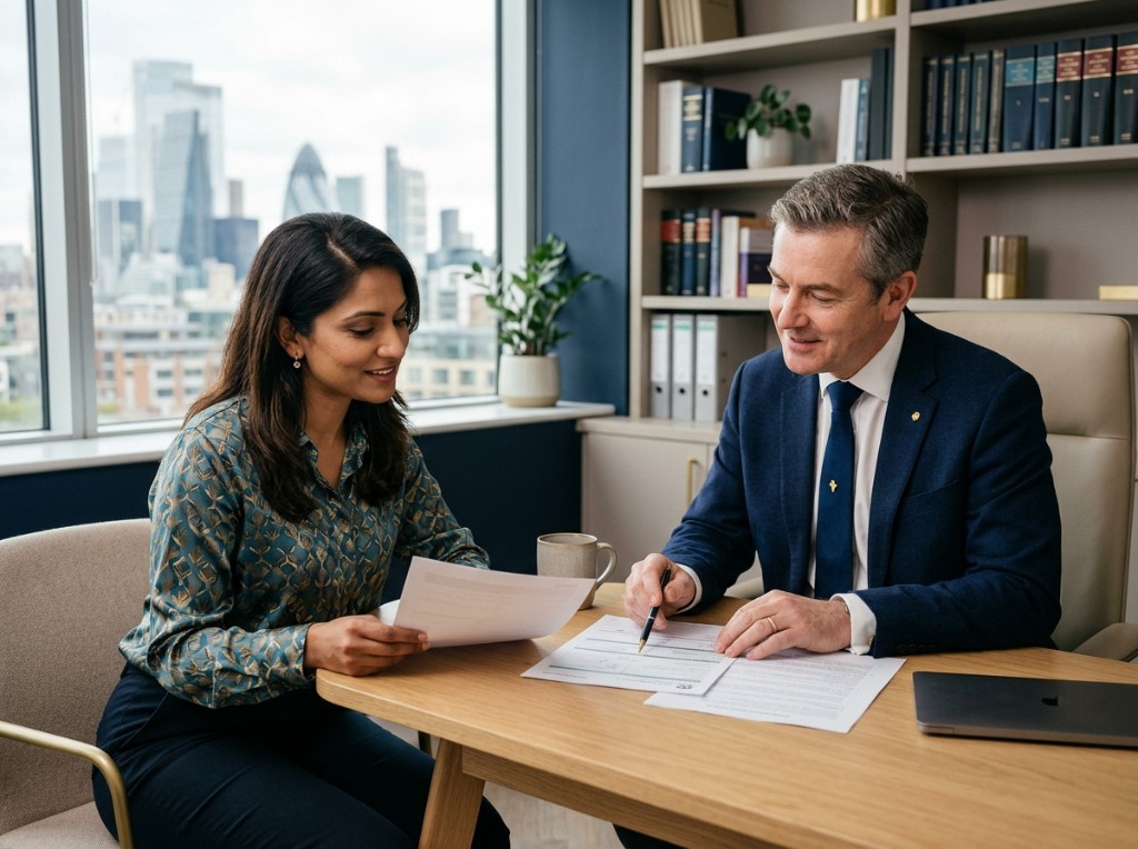 Errington Immigration Services consultation — advisers reviewing documents together in a modern office